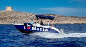 Fast and fun private boats in Malta cruising on clear blue water during an exciting and lively private boat tour experience.
